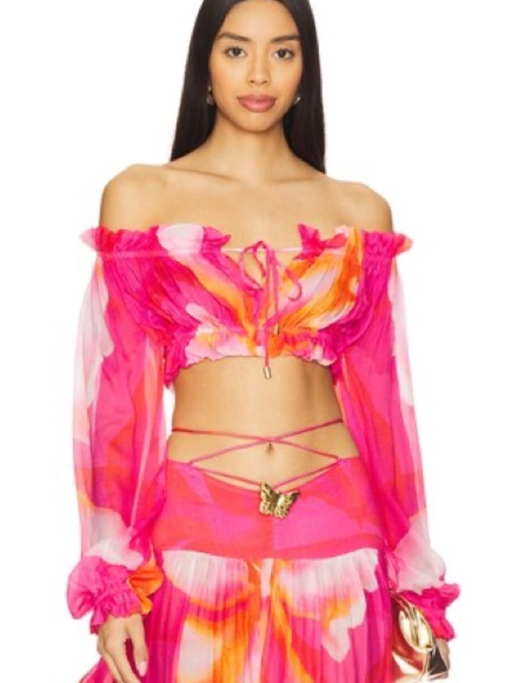 Cin Cin Off-Shoulder Pink Floral Crop Blouse
